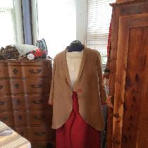 jacket in med weight ginger with 4c22 crimson wide leg pants and crimson band at sleeves.
