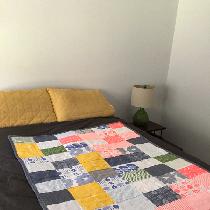 Linen patchwork quilt, I printed my designs onto linen fabric and then created this quilt.