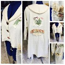 Fun jacket made with heavy linen and bits of vintage fabric and lace and barkcloth scraps. 