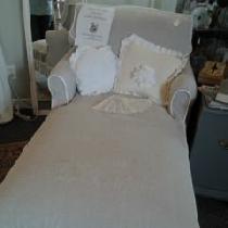 Jan, Chaise slipcovered in natural and bleach...