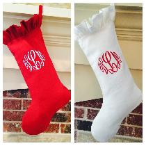 Our beautiful linen Christmas stockings designed with an elegant monogram and ruffle detailing m...
