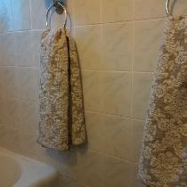 From two yards of this lovely jacquard, I made two bath towels, two hand towels and 4 face cloth...