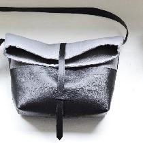 Randee, Linen + leather roll top handbag made wi...