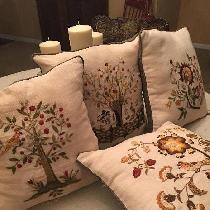 Hand embroidered pillows for my kitchen chairs.
Love the fabric store linen. Bleached linen soft...
