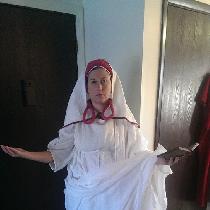 Interpretation of a Vestal Virgin based on period sources. Chiton (dress), palla (wrap), and suf...