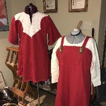 Viking tunic, under dress and apron dress in red and white linen.
