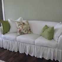 Debbie, Ruffled bleached white washed linen sofa...