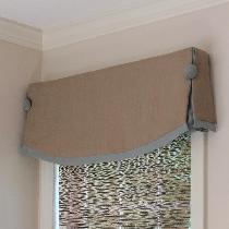 This is the side window in the same office...natural linen with blue linen band, velvet buttons,...