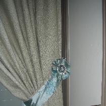 Natural Linen Shower Curtain with Linen, Silk, and Swarovski Crystal embellished tieback.