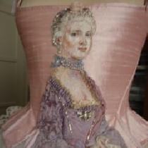 Marie Antoinette portrait hand embroidered in silk thread on silk Shantung corset bodice.